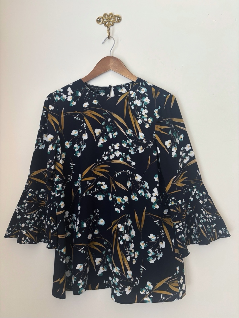 Lafayette 148 Blue Floral Sidra Silk Bell Sleeve Blouse Medium Quiet Luxury